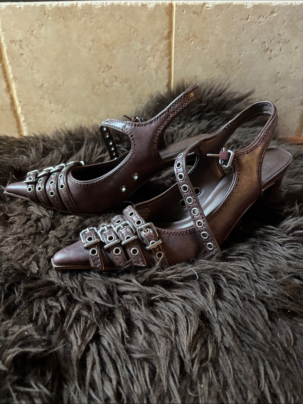 Pointed Brown Slingback Heels with Buckled Grommet Straps